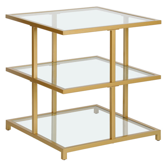 24" Brass And Clear Glass And Steel Square End Table With Two Shelves