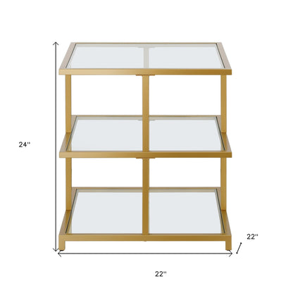 24" Brass And Clear Glass And Steel Square End Table With Two Shelves