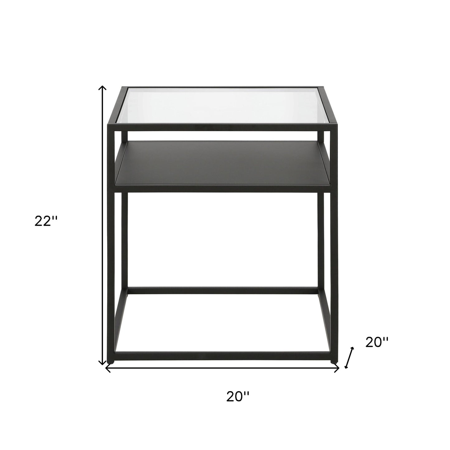 22" Black And Clear Glass And Steel Square End Table With Shelf