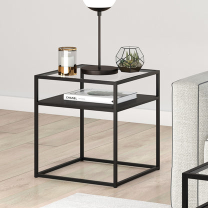 22" Black And Clear Glass And Steel Square End Table With Shelf