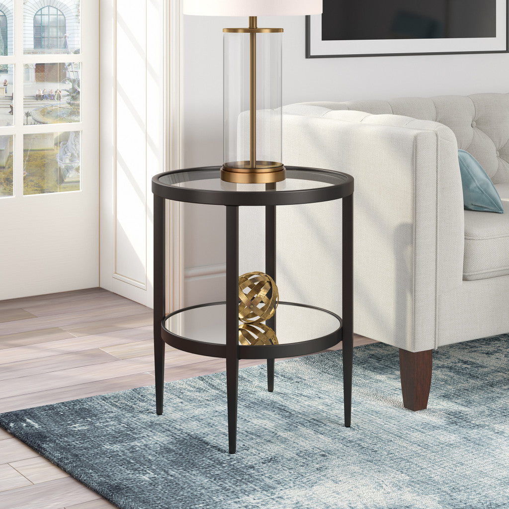 24" Black And Clear Glass And Steel Round Mirrored End Table With Shelf