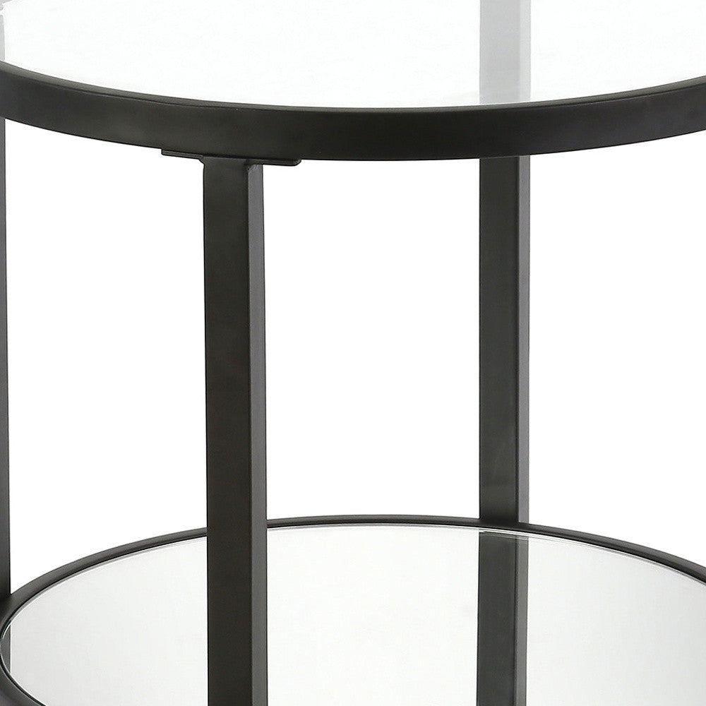 24" Black And Clear Glass And Steel Round Mirrored End Table With Shelf