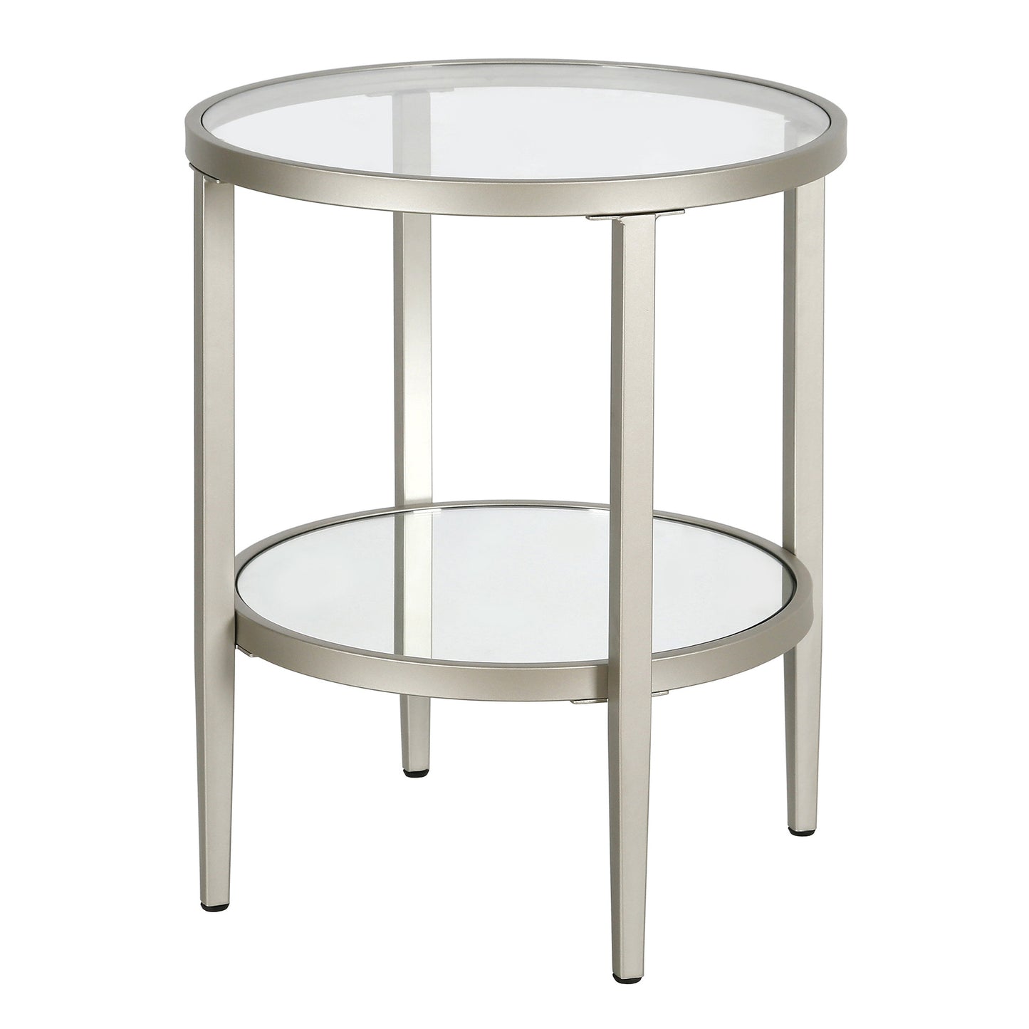 24" Nickel And Clear Glass And Steel Round Mirrored End Table With Shelf