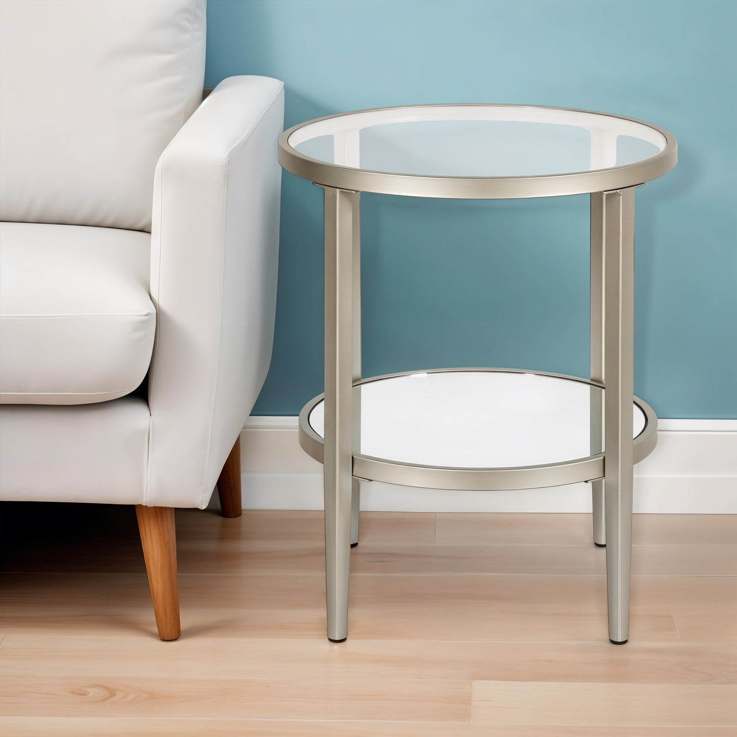 24" Nickel And Clear Glass And Steel Round Mirrored End Table With Shelf