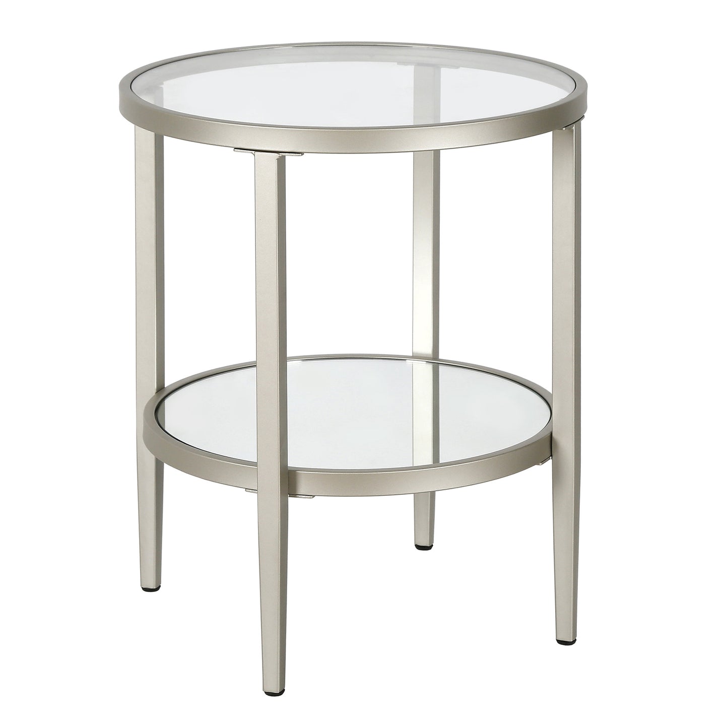 24" Nickel And Clear Glass And Steel Round Mirrored End Table With Shelf