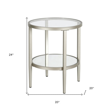 24" Nickel And Clear Glass And Steel Round Mirrored End Table With Shelf