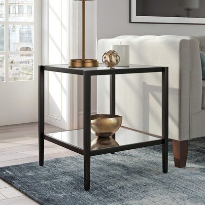 22" Black And Clear Glass And Steel Square Mirrored End Table With Shelf