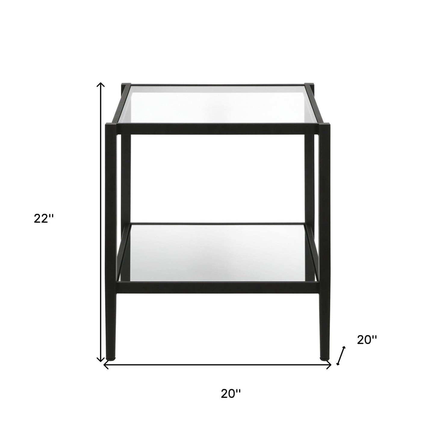 22" Black And Clear Glass And Steel Square Mirrored End Table With Shelf