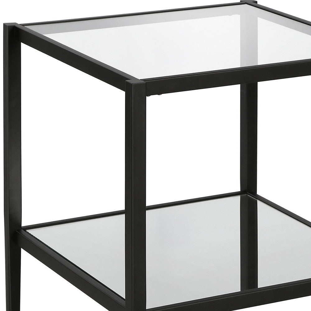 22" Black And Clear Glass And Steel Square Mirrored End Table With Shelf