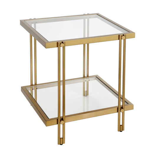 22" Brass And Clear Glass And Steel Square End Table With Shelf