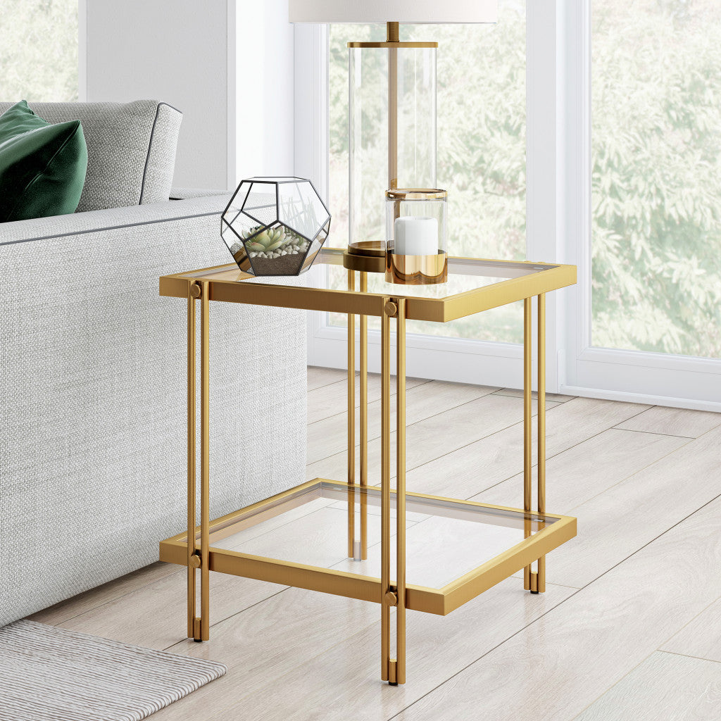 22" Brass And Clear Glass And Steel Square End Table With Shelf