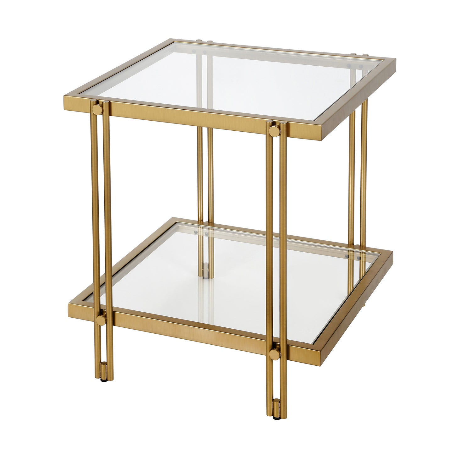 22" Brass And Clear Glass And Steel Square End Table With Shelf