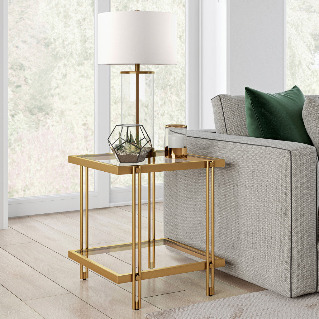 22" Brass And Clear Glass And Steel Square End Table With Shelf