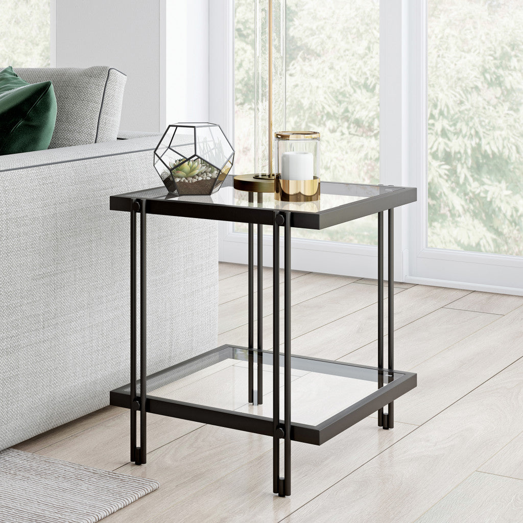 22" Black And Clear Glass And Steel Square End Table With Shelf