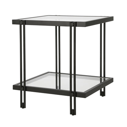 22" Black And Clear Glass And Steel Square End Table With Shelf