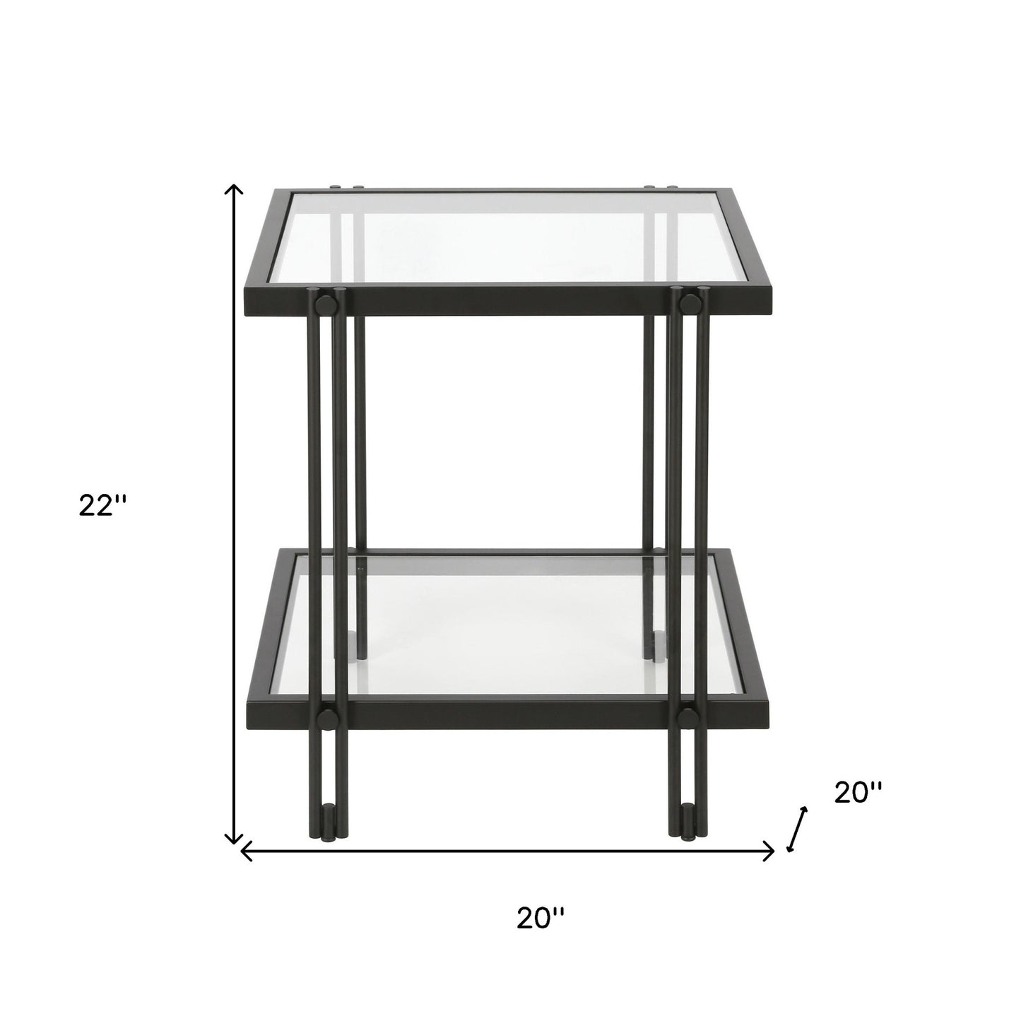 22" Black And Clear Glass And Steel Square End Table With Shelf