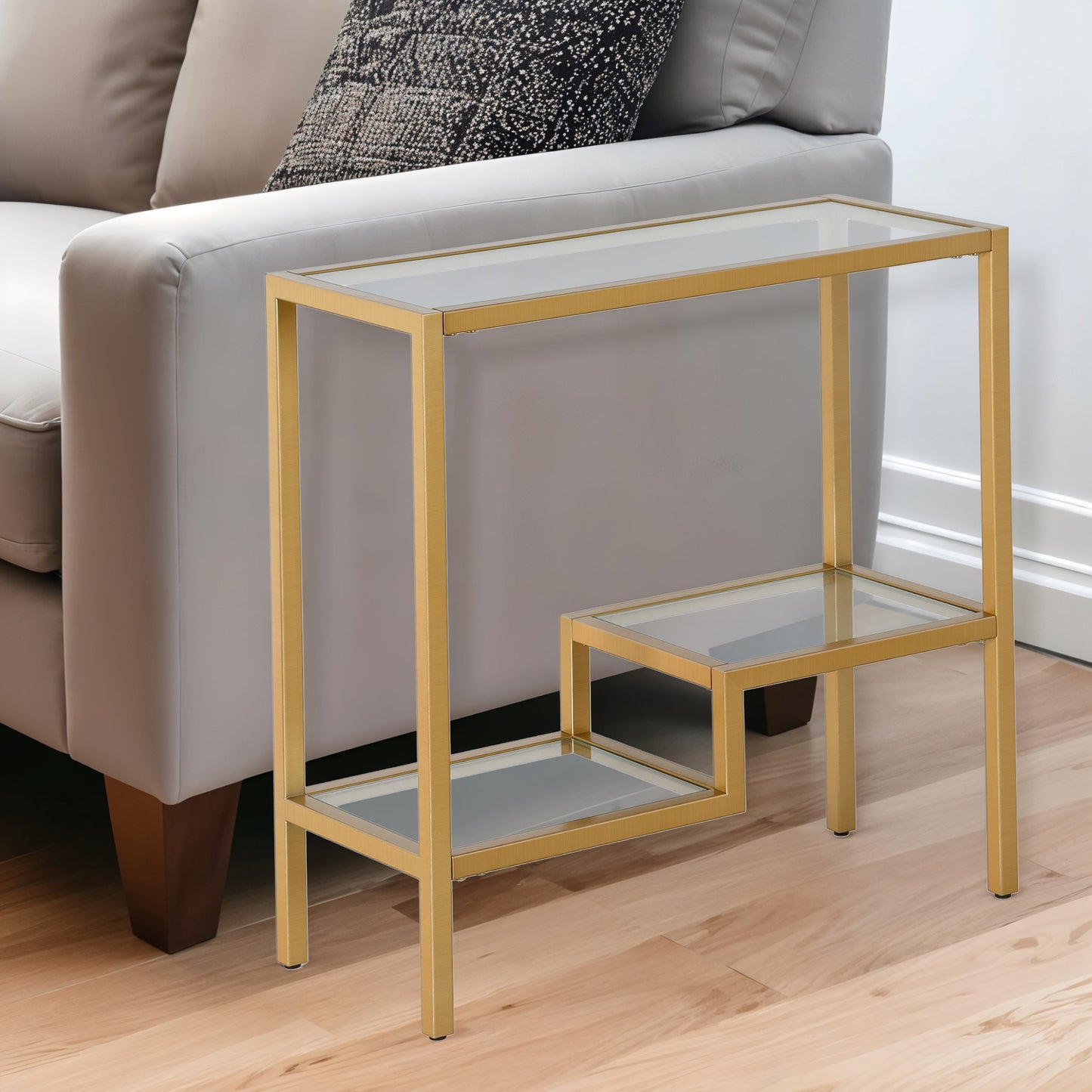 24" Brass And Clear Glass And Steel End Table With Two Shelves