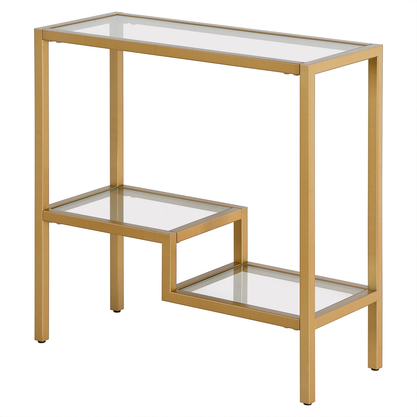 24" Brass And Clear Glass And Steel End Table With Two Shelves