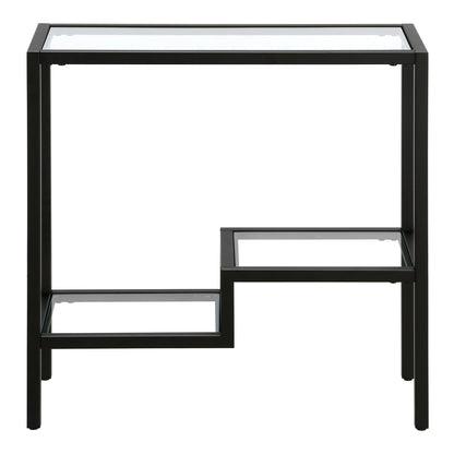 24" Black And Clear Glass And Steel End Table With Two Shelves