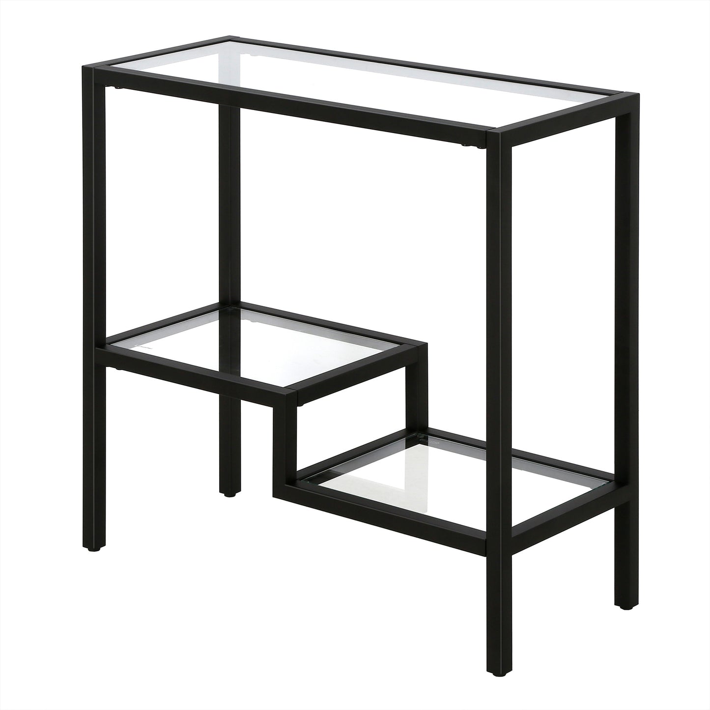 24" Black And Clear Glass And Steel End Table With Two Shelves