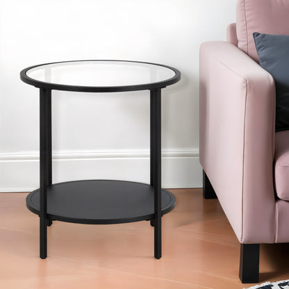 22" Black And Clear Glass And Steel Round End Table With Shelf