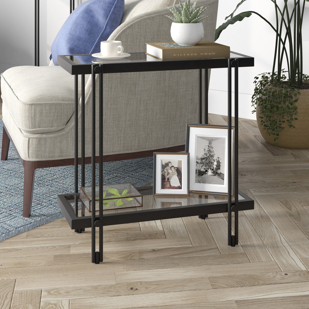 24" Black And Clear Glass End Table With Shelf