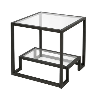 22" Black And Clear Glass And Steel Square End Table With Shelf