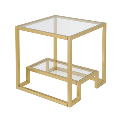 22" Brass And Clear Glass And Steel Square End Table With Shelf