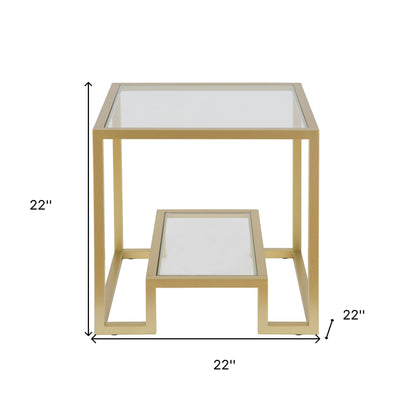 22" Brass And Clear Glass And Steel Square End Table With Shelf