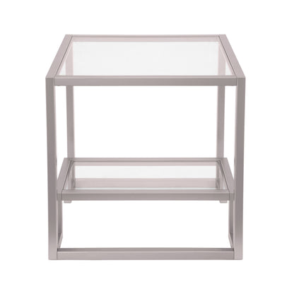 22" Nickel And Clear Glass And Steel Square End Table With Shelf