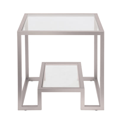 22" Nickel And Clear Glass And Steel Square End Table With Shelf