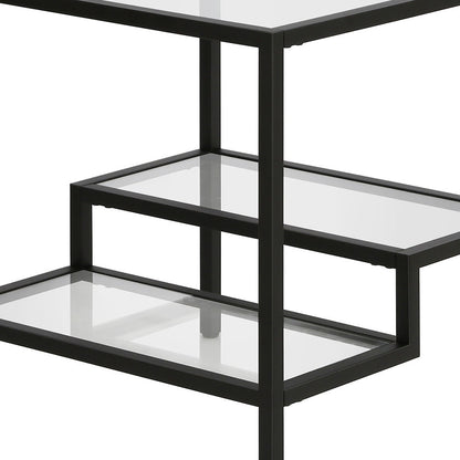 22" Black And Clear Glass And Steel Square End Table With Two Shelves