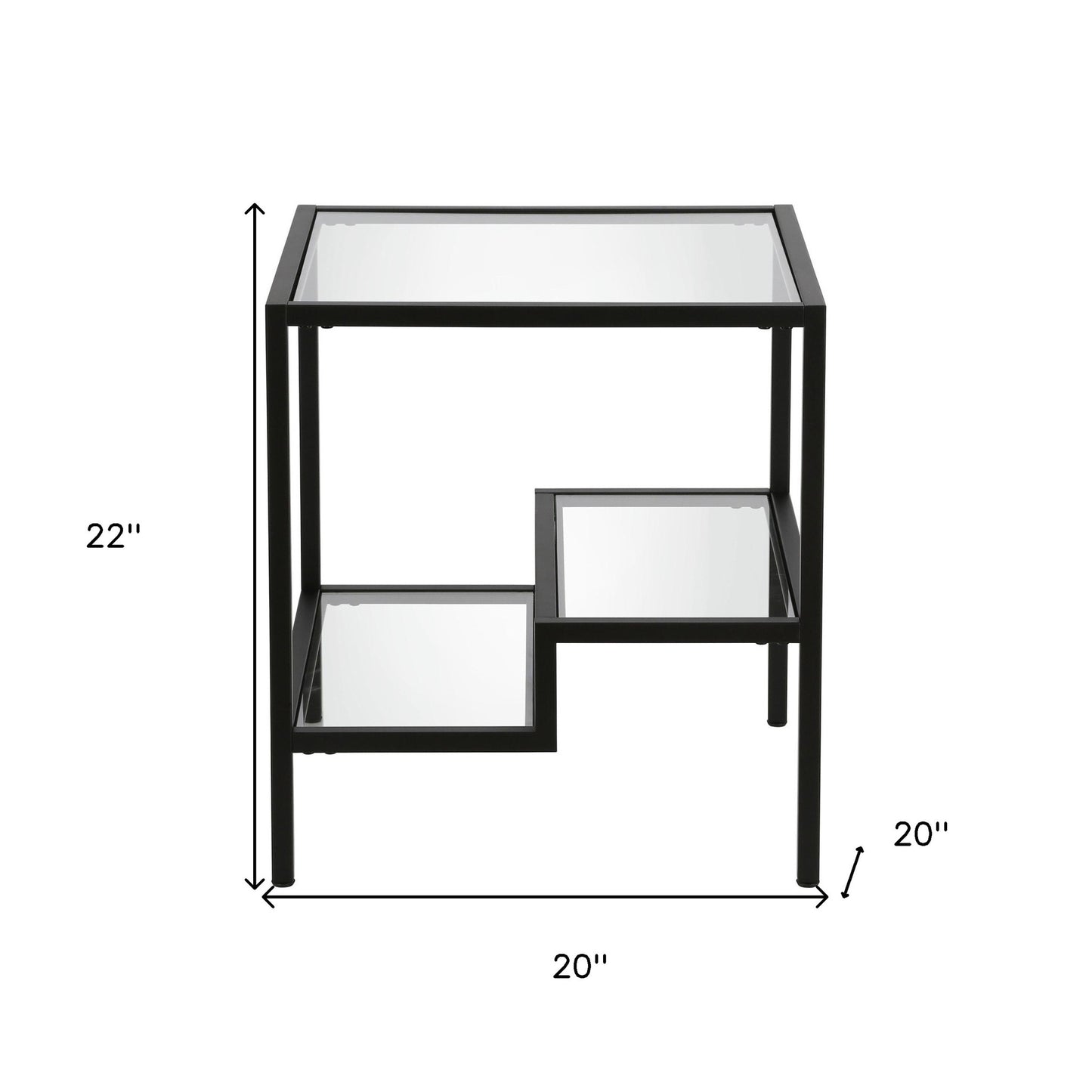 22" Black And Clear Glass And Steel Square End Table With Two Shelves