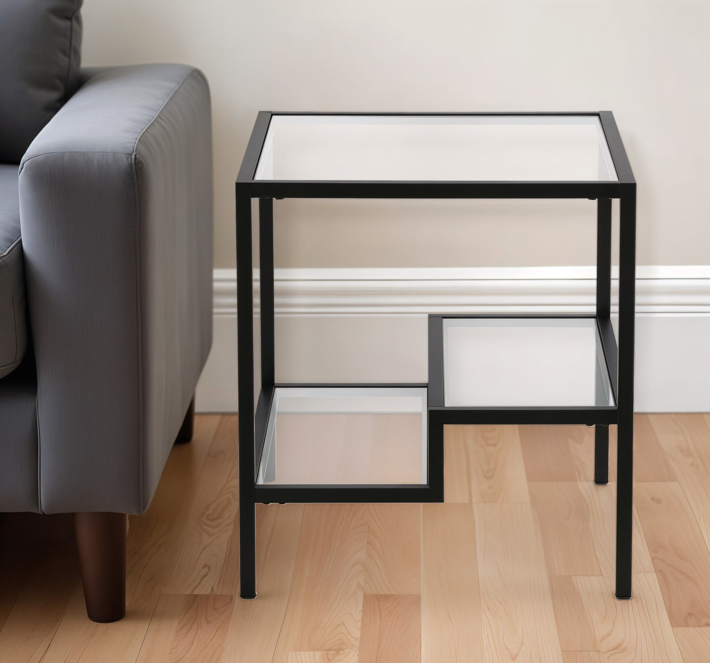 22" Black And Clear Glass And Steel Square End Table With Two Shelves