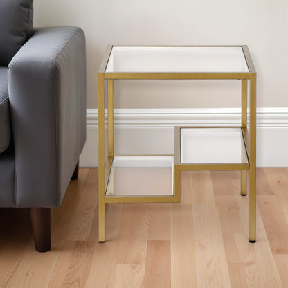 22" Brass And Clear Glass And Steel Square End Table With Two Shelves