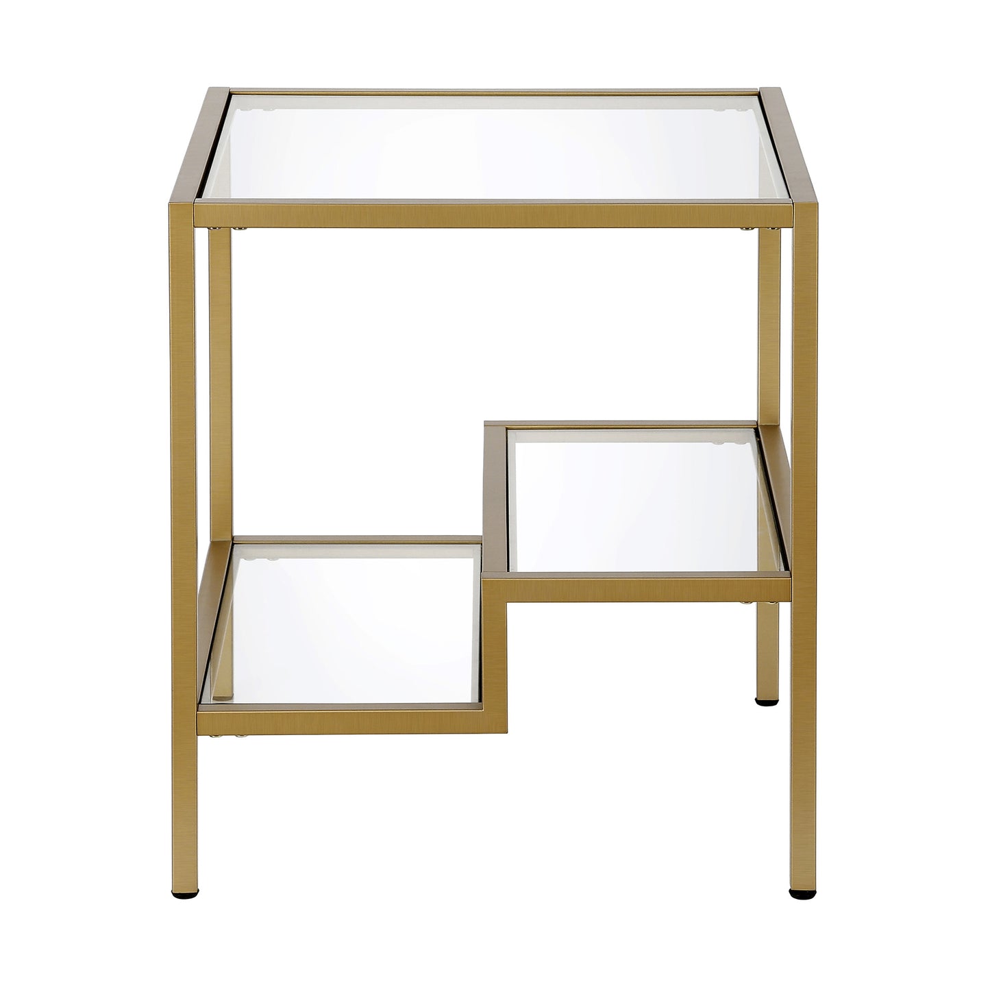 22" Brass And Clear Glass And Steel Square End Table With Two Shelves