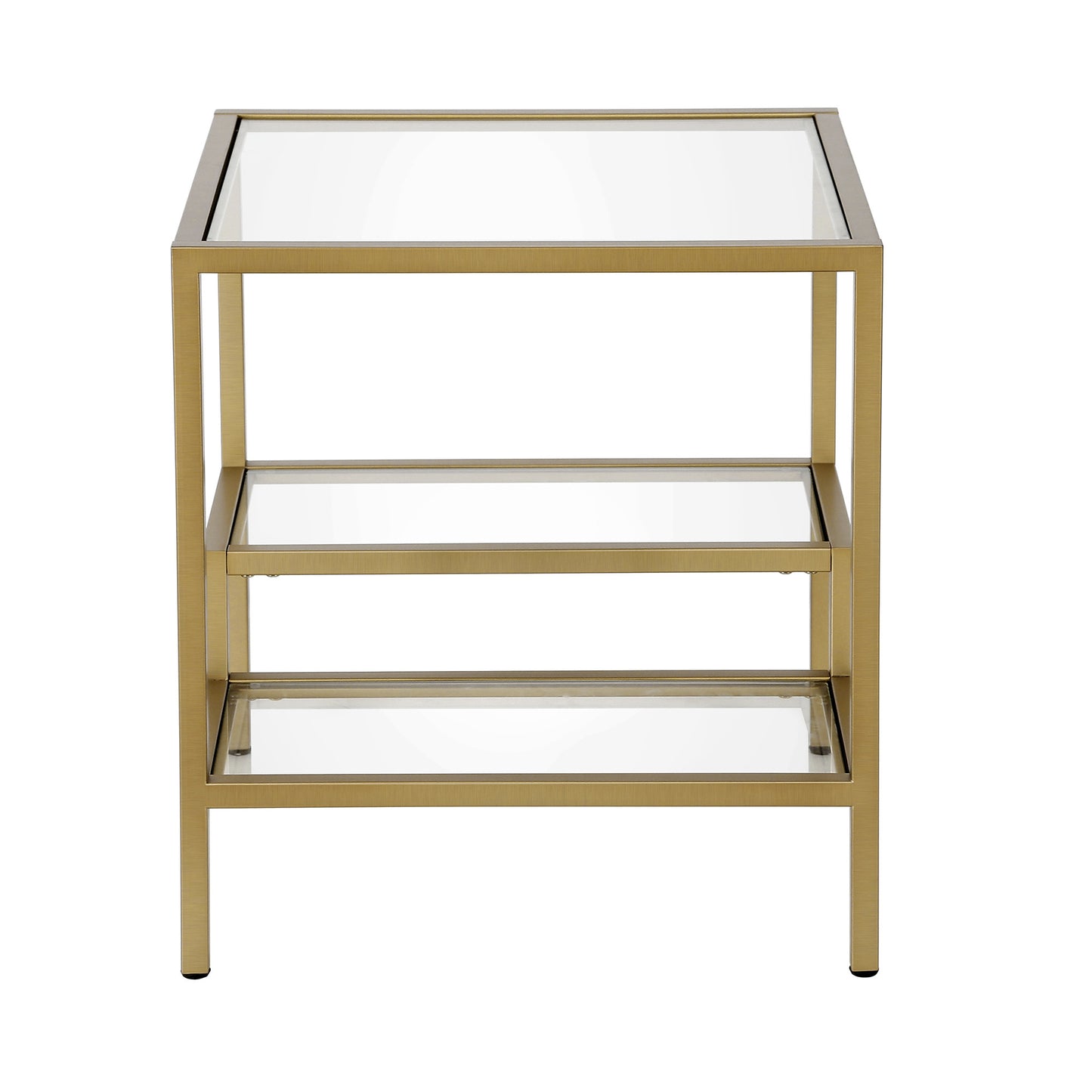 22" Brass And Clear Glass And Steel Square End Table With Two Shelves