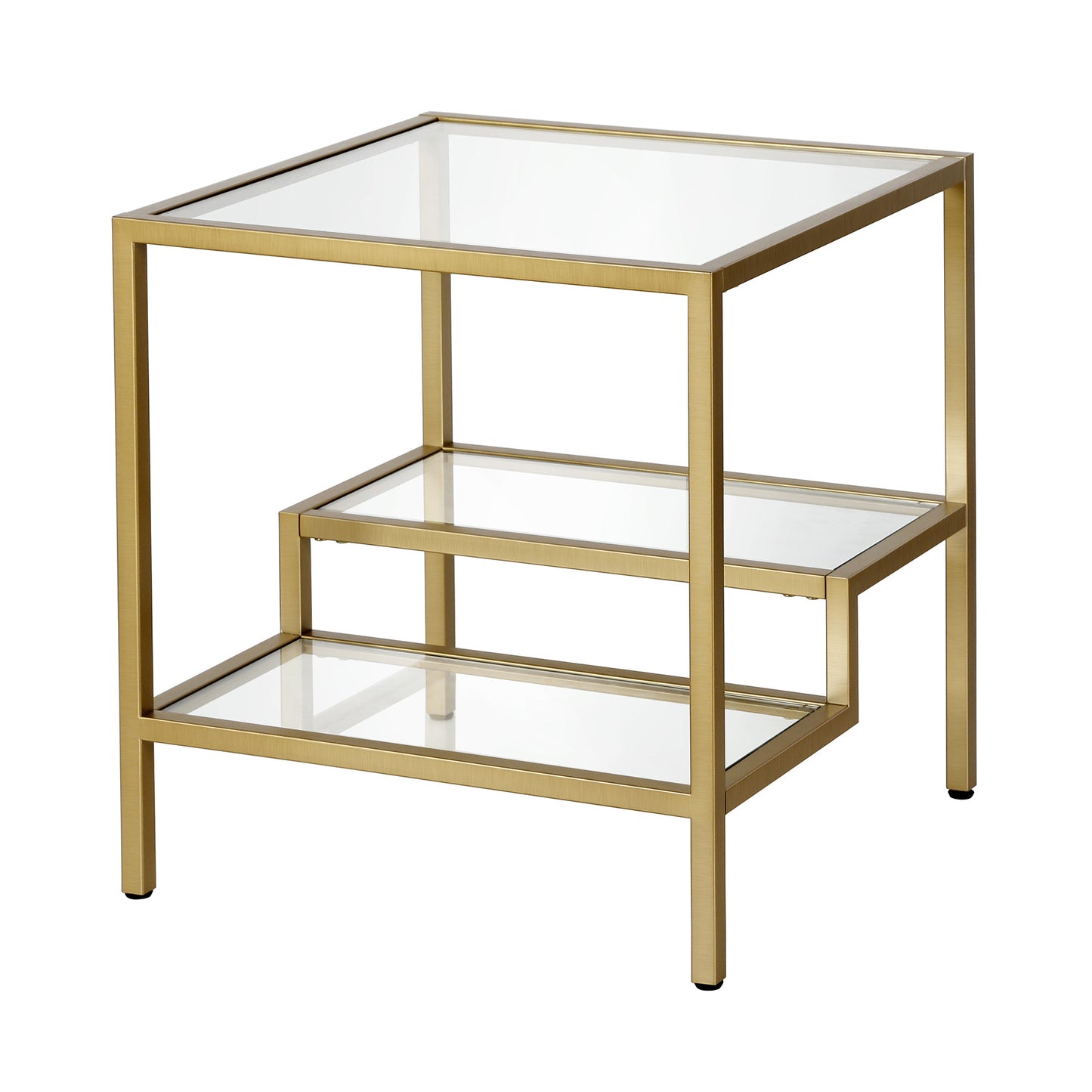 22" Brass And Clear Glass And Steel Square End Table With Two Shelves