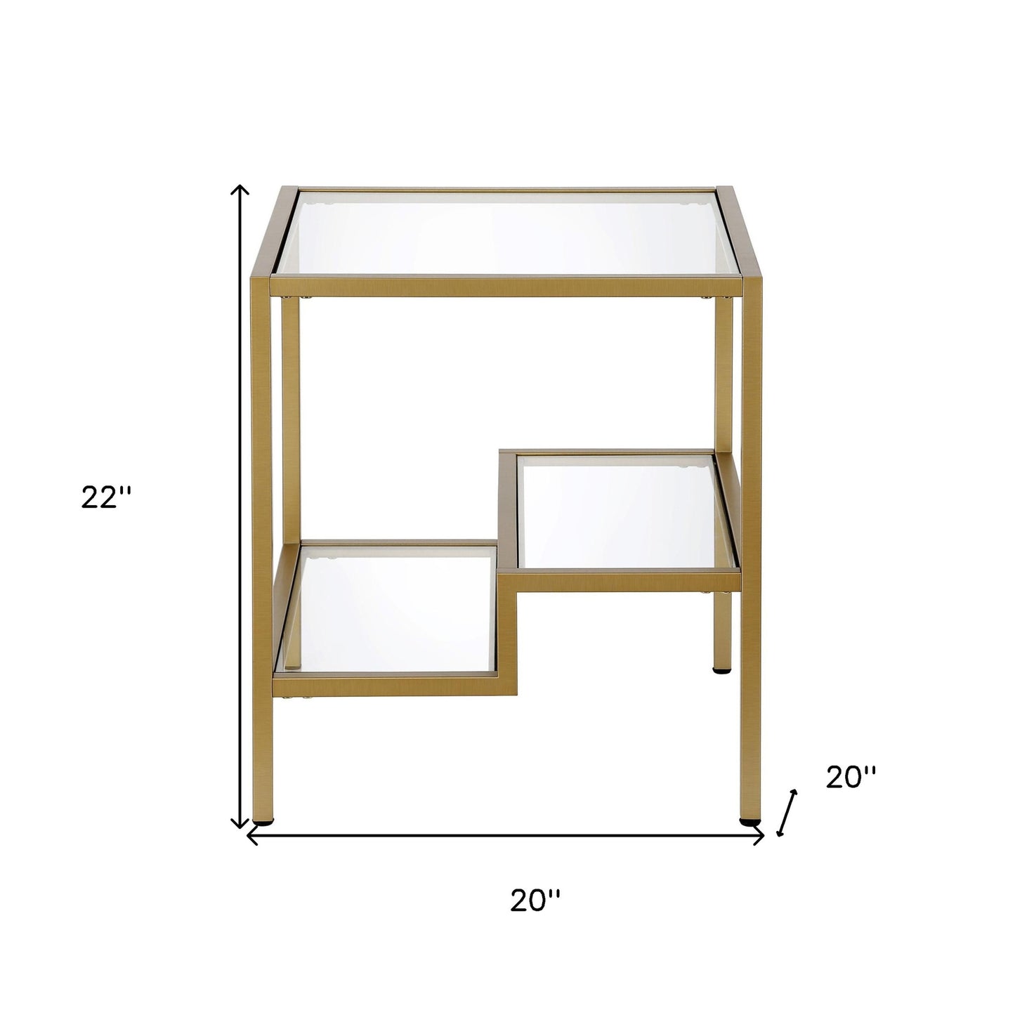 22" Brass And Clear Glass And Steel Square End Table With Two Shelves