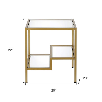 22" Brass And Clear Glass And Steel Square End Table With Two Shelves