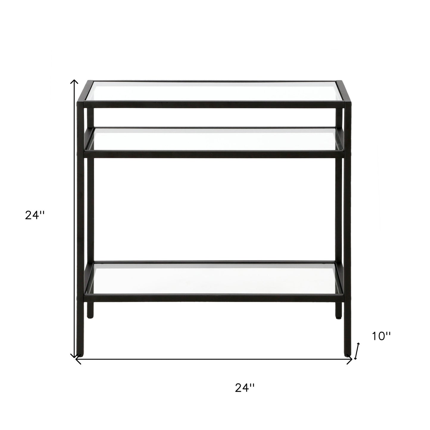 24" Black And Clear Glass And Steel End Table With Two Shelves