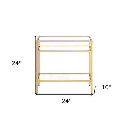 24" Brass And Clear Glass And Steel End Table With Two Shelves