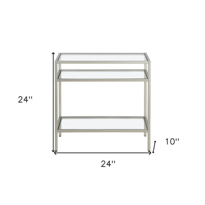 24" Nickel And Clear Glass And Steel End Table With Two Shelves