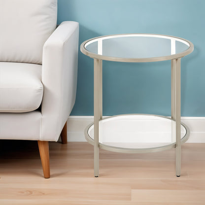 22" Nickel And Clear Glass And Steel Round End Table With Shelf