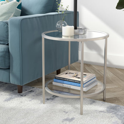 22" Nickel And Clear Glass And Steel Round End Table With Shelf