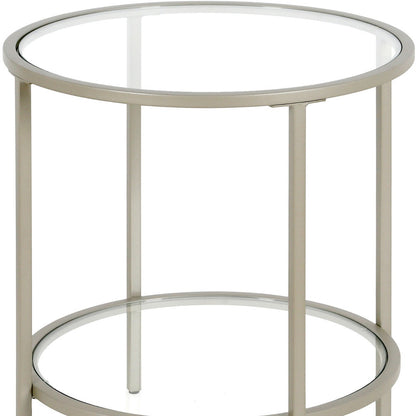 22" Nickel And Clear Glass And Steel Round End Table With Shelf