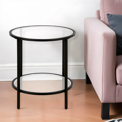 22" Black And Clear Glass And Steel Round End Table With Shelf