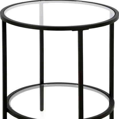 22" Black And Clear Glass And Steel Round End Table With Shelf