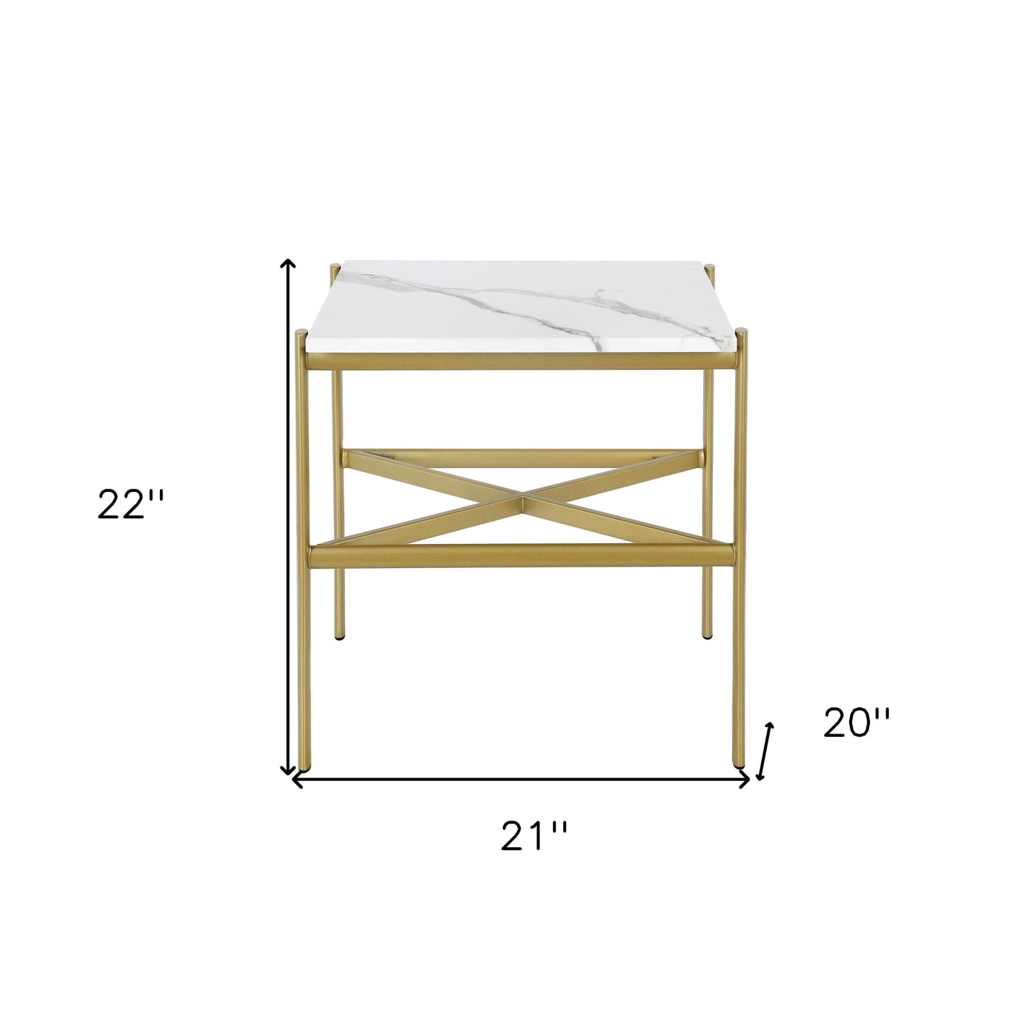 22" Gold And White Faux Marble And Steel End Table