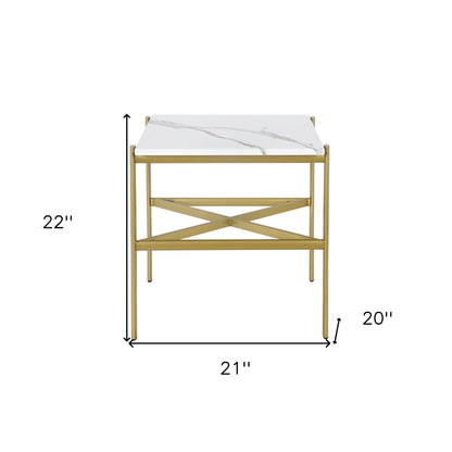 22" Gold And White Faux Marble And Steel End Table